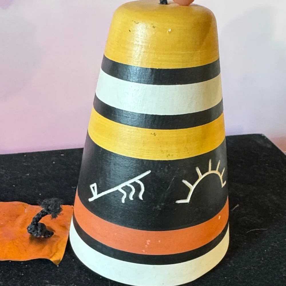 Native American Hand-Painted Ceramic Wind Bell w/ Cord & Copper Clapper
